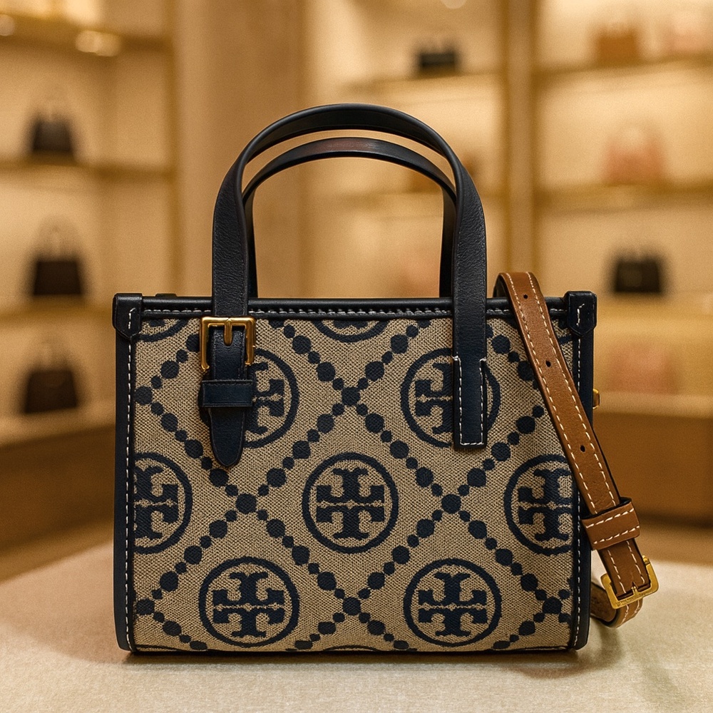NEW Tory Burch T Monogram Tory Navy Jacquard Mini Tote Bag w/ Shoulder Strap